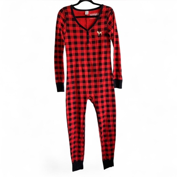 PINK Victoria's Secret Red and Black Plaid Onesie Size M - Picture 1 of 5